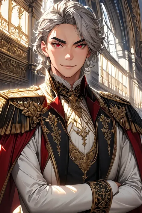 Hyperrealistic and detailed portrait of a handsome anime-style young man, age 27, with short, light grey hair styled in an elegant and sophisticated manner. He has a strong and commanding presence, with striking crimson red eyes, well-defined eyebrows, and...