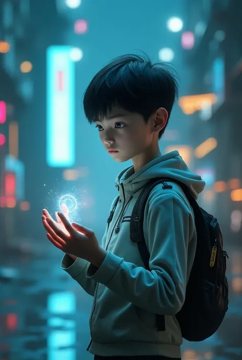 Create an image of a futuristic boy with the name Clip in his hand_zone999. 