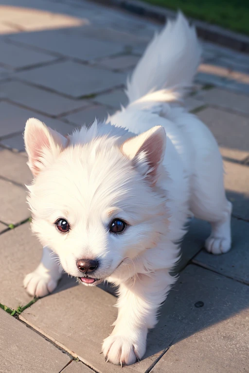 ((High angle)), ((masterpiece)),best quality, beautiful detailed eyes, 8K resolution, Semi-realistic, cinematic lighting, 1 dog, "A small white Spitz puppy sitting alone in the park. No humans in the scene, just the dog. Semi-realistic, 2.5D style, high-qu...