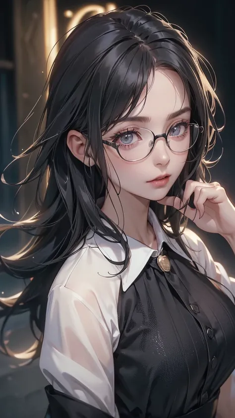 Upper body,(random porn pose),(Highest image quality,(8k),ultra-realistic,best quality, messy hair, black hair, high quality, high definition, high quality texture,high detail, Glasses, beautiful detailed,fine detailed,extremely detailed cg,detailed textur...