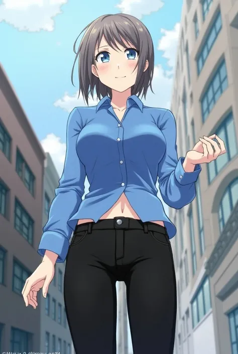 1girl, alone, akane kurokawa, masterpiece, best quality, cowboy photo, looking at viewer, head on, pov (from below), smile, faded hair, short hair, blue eyes, blue blouse, tight blouse, bare waist, cleavage, black jeans, skinny jeans, standing, outside, ci...