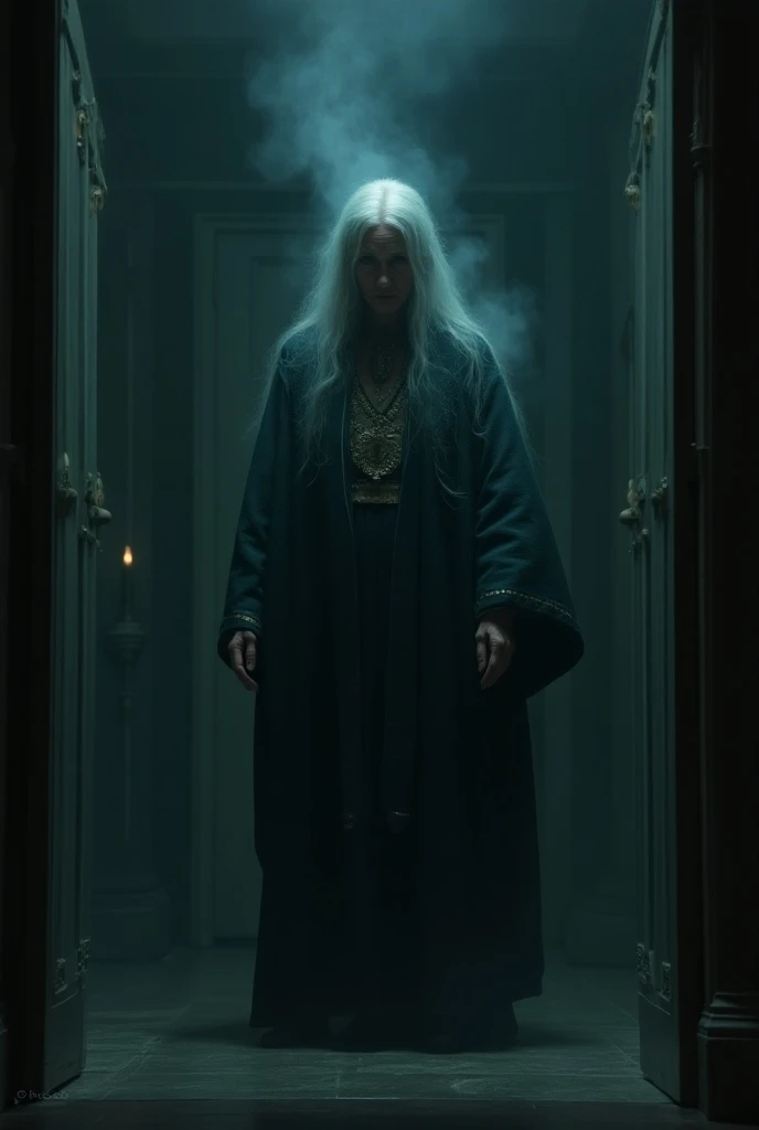 The Guardian Woman: A mysterious elderly woman appears in the dark mansion, illuminated by an eerie glow. She has a wise but intimidating look, wearing traditional attire and gazing sternly at the boys, as if she holds ancient knowledge and power. Her pres...