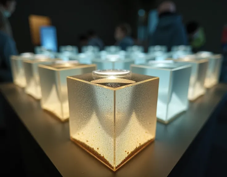 The “Time” exhibition will feature an interactive art object called
“The Synergy of Moments”.  This is a ,  installation consisting of several transparent ones
glass cubes ,  each of which is filled with small grains of sand ,  illuminated
with soft light ...