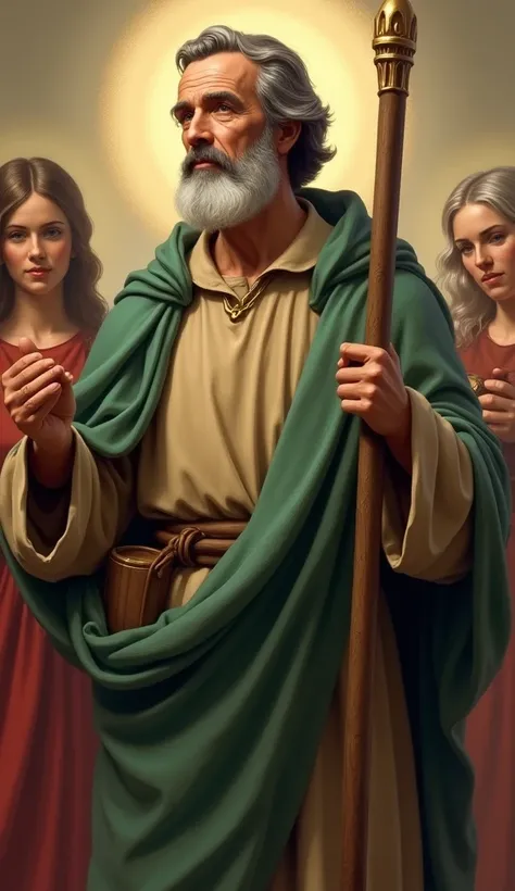 " A traditional and reverent image of Saint Joseph ,  the patron of the Church and protector of the Holy Family .  He appears as an elderly man ,  with a serene and wise countenance , wearing simple clothes, but worthy,  typical of biblical times .  Saint ...