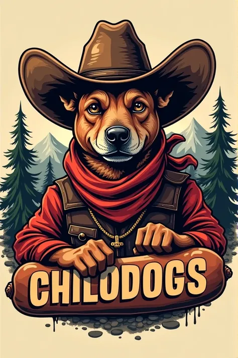 Create me a logo for a hot dog company that is called chilodogs, preferably the hot dog has a cowboy hat that the hot dog looks northern