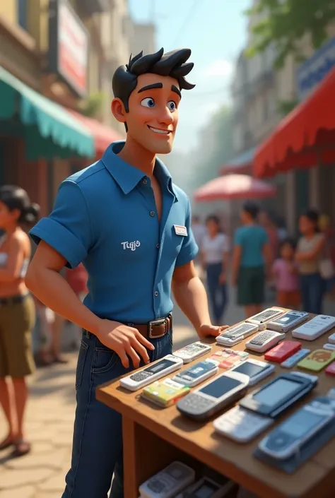 3D animation of a seller offering cell phones and cell phone simcards .  who is dressed in blue canvas pants and blue button shirt with a small logo that says Tigo in white
