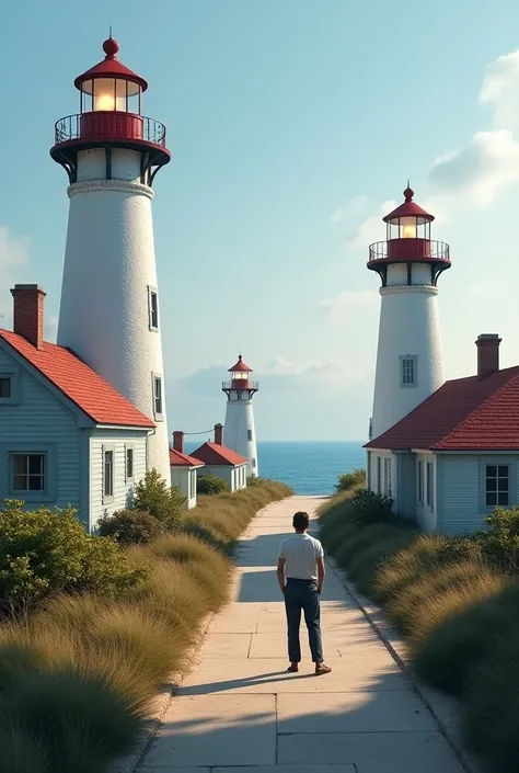 Draw a street with lighthouses and a man under a lighthouse