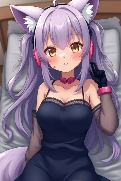 create a 2D image of a vtuber girl sleeping , Anime neko,fox ears, with long light purple hair, square bangs,  brown-brunette Latin-American skin ,   two locks tied at the top of her hair,  yellow eyes , dark blue dress, Sleeveless and strapless short  ,  ...