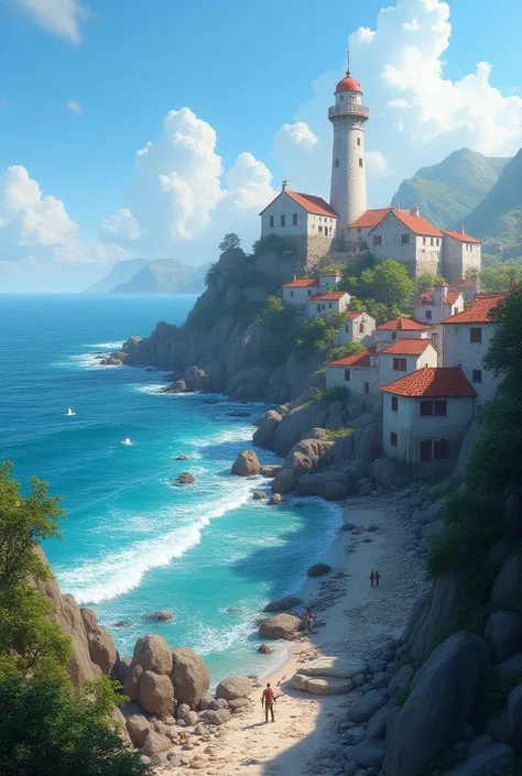 Generate for me an image for an RPG of a city of a kingdom,  this city is located in a bay close to the sea with buildings made of local stones and treated woods,  lighthouse towers rise above the coastal cities ,  The streets are lined with fish markets a...