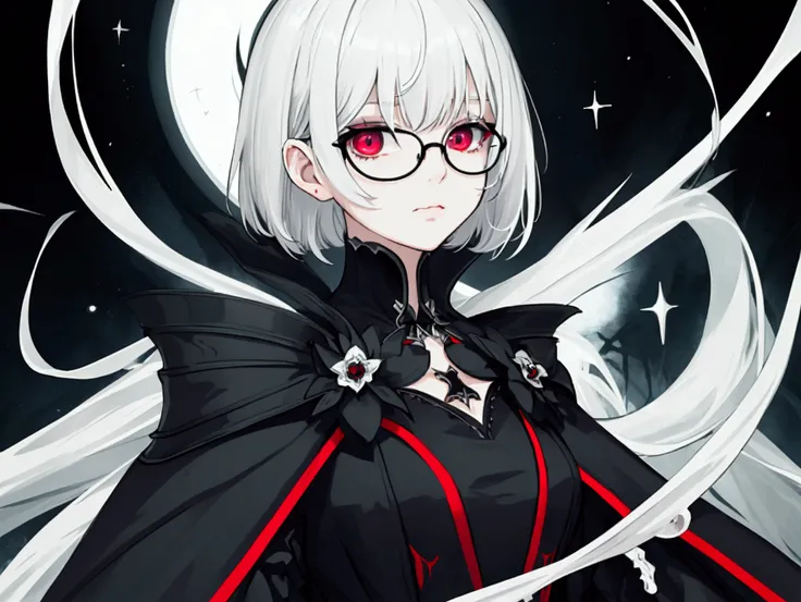 (Dark atmosphere), Beautiful and delicate eyes, Contrasting colors create a vibrant atmosphere, High detail, detail in hair, upper body, 1woman, White hair, Short Haired, Red eyes, Black Long Cape,waering jacket, big breats, light particles, (masterpiece),...