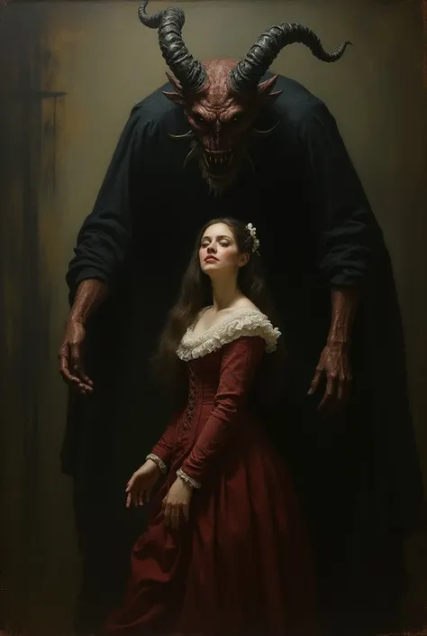  Renaissance horror painting , with a woman and a demon .  The demon is behind the woman. And shes looking forward 