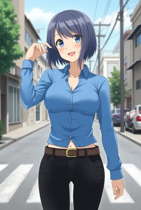 1girl, alone, akane kurokawa, masterpiece, best quality, cowboy photo, looking at viewer, head on, pov (from below), smile, faded hair, short hair, blue eyes, blue blouse, tight blouse, bare waist, cleavage, black jeans, skinny jeans, standing, outside, ci...