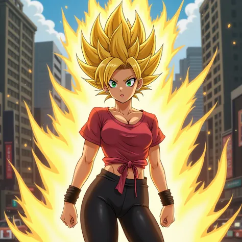  Visualize this woman transformed into a Super Saiyan with the same determination and strength .  Her spiky golden hair shines brightly and her eyebrows are now the same golden color. Your eyes,  formerly black and shy ,  became green ,  reflecting a serio...