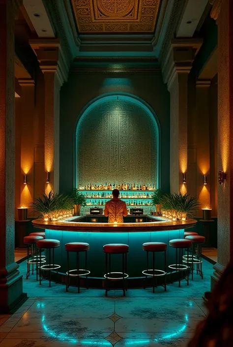 Create an image with Egyptian civilization and industrial style for a nightclub that includes shades of gold, deep blue, Emerald green, And black in a bar