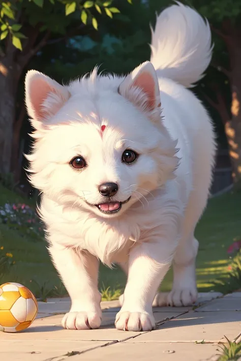 From below, ((masterpiece)),best quality, beautiful detailed eyes, 8K resolution, Semi-realistic, cinematic lighting, 1 dog, "A small white Spitz puppy alone playing with ball , No humans in the scene, just the dog. Semi-realistic, 2.5D style, high-quality...