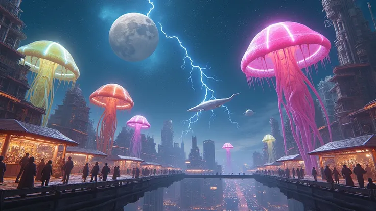 "A vast, chaotic floating marketplace in the sky, suspended among giant, colorful, glowing jellyfish-like creatures, each the size of a building. The marketplace is built on platforms made of translucent, shifting glass and steel, suspended by glowing cabl...