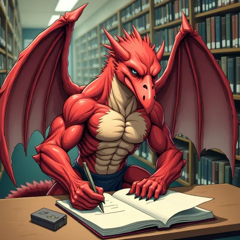 A red muscular winged pterodactyl furry jock sits on a white stool at a library table, writing with a pen on a piece of paper in a cartoon style