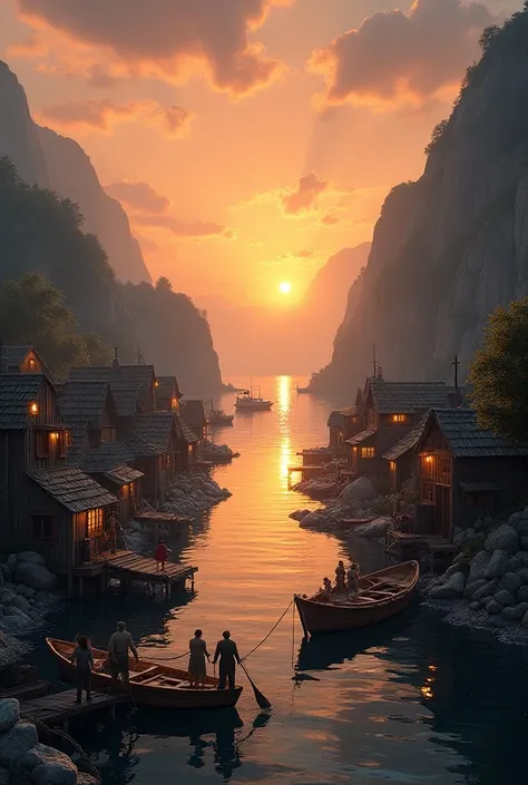 Landscape, Fishing village, beautiful sunset