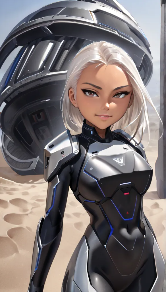 woman tanned in a high neck sci-fi  wetsuit. armored steel chest peice. bigger breast. white sliver hair.she has a seductive exp...