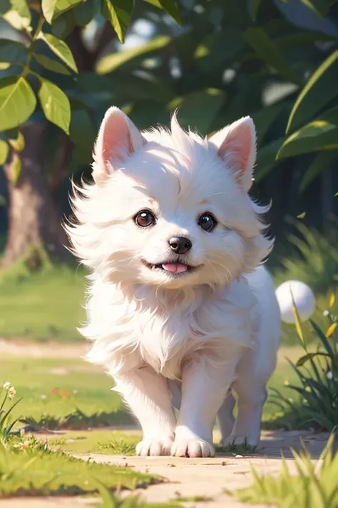 From below, ((masterpiece)),best quality, beautiful detailed eyes, 8K resolution, Semi-realistic, cinematic lighting, 1 dog, "A small white Spitz puppy alone playing with ball , No humans in the scene, just the dog. Semi-realistic, 2.5D style, high-quality...