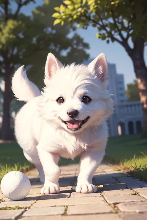 From below, ((masterpiece)),best quality, beautiful detailed eyes, 8K resolution, Semi-realistic, cinematic lighting, 1 dog, "A small white Spitz puppy alone playing with ball , No humans in the scene, just the dog. Semi-realistic, 2.5D style, high-quality...