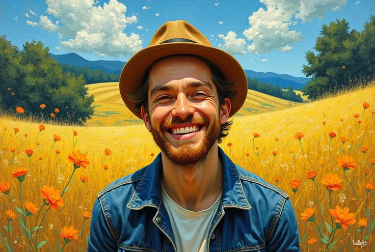 smiling person, outdoor, van gogh style