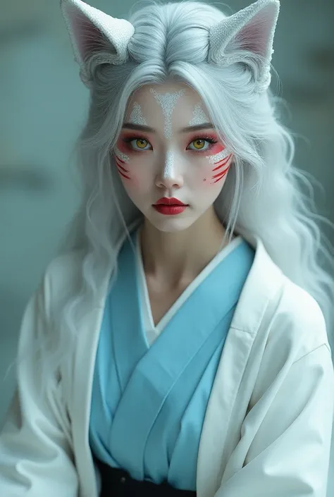 (a beautiful woman, white skin with white snake skin),(silver hair),(yellow cat eyes),(makeup with red stripes under each eye),(wearing blue lipstick on her mouth),(she wears a white haori/Japanese coat over a light blue kimono with black hakama/Japanese p...