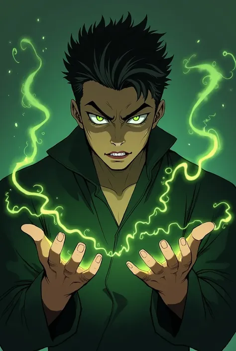  A man aged 27 his ethnicity is Japanese like a villains uniform,  who has heterochromine and a green and yellow eye his power and has two mouths in the center of his hands from which organic whips come out 