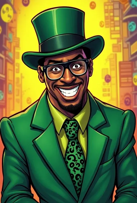 Generate a cartoonish  image of Sean combs in the riddler costume 