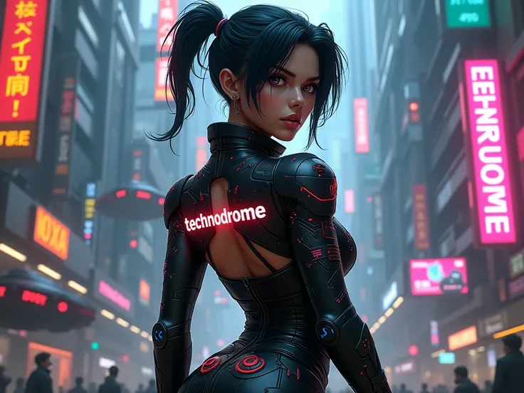 a Cyberpunk girl with the phrase TECHNODROME on her back