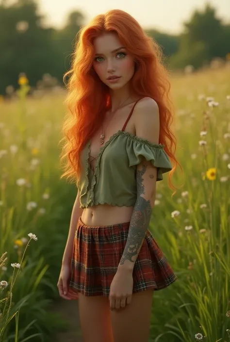 (photorealism:1.2), beautiful Irish girl, standing on the meadow, wearing loose off-shoulder top, plaid miniskirt, long red curly hair, green eyes, shaved legs, soft lighting, relaxed pose, realistic, intricate details, warm colors, by Greg Rutkowski, by A...