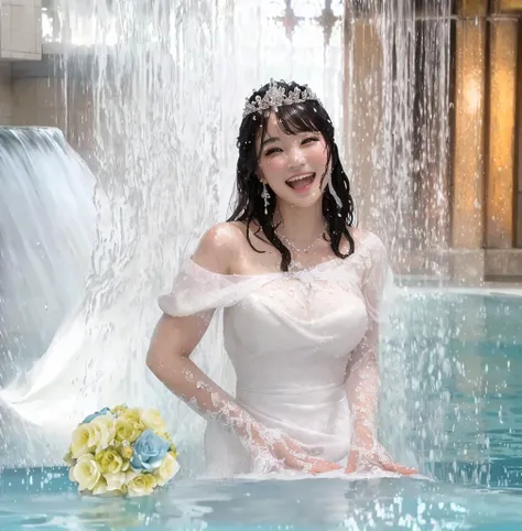  bride holding a bouquet in her hand at the pool,  Church Fountain Baptizing in the Pool 、 Bathing in the Fountain 、 wet wedding dress 、 wet hair、 wet skin 、 close-up fantasy water magic, Underwater Operation Photoshop ,  Hino Rei as Princess ,  amazing, J...