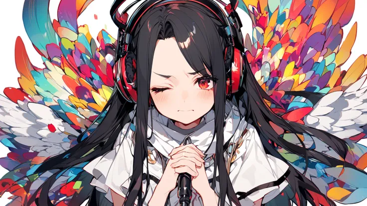 prayer、 White Dress、大きなAngel Wingsが生えている、1 person、Alone、Adult female、Also々Shii、Hair on one eye、 semi-long hair at the end、 black hair、 perfect body、2、"1 person""Alone" 、 black hairの女性キャラクター1 person, headphones、Angel Wings. Only 6 colors used, No Shadow, Wh...