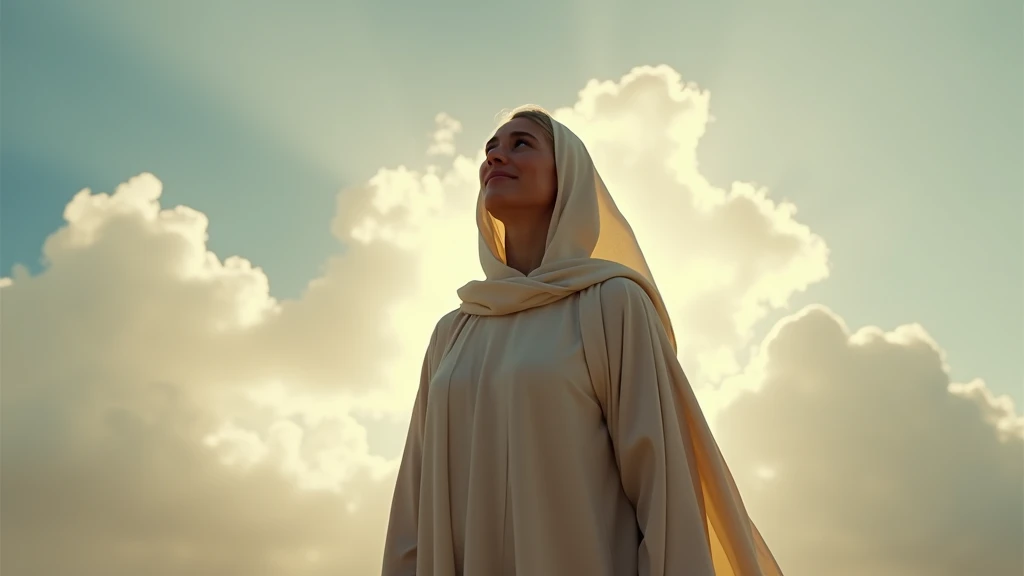 sara, of advanced age, is alone,  looking up to the sky with a smile mixed with doubt and hope , reflecting on what she heard . She wears a modest tunic, a soft veil covers her head.,  and the soft light surrounding her represents Gods constant presence an...