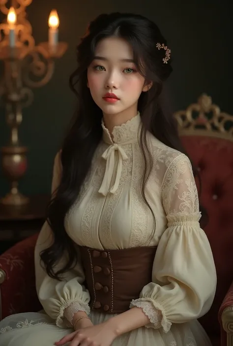  An Asian girl with long brown hair with bangs, green eyes and clothes from the Victorian era  