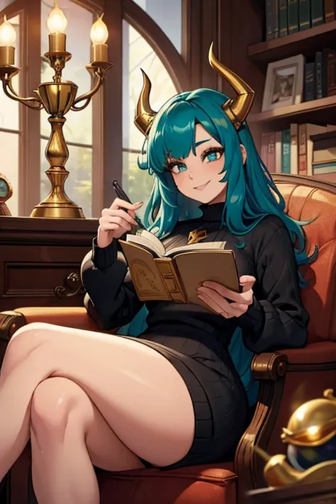 Perfect face. Perfect hands. A teal haired haired woman with golden eyes and an golden horns and an hourglass figure in a sweater dress is smiling while reading  in a Gothic study