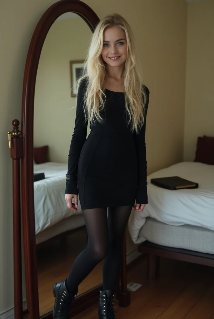 create an image of a 17-year-old girl with long platinum blonde straight wavy hair, intense blue eyes,  dark makeup , short black dress,  black pantyhose, black military boots.  The girl looks at herself in a large oval mirror , smiling.  Background a simp...