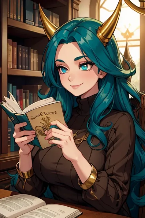 Perfect face. Perfect hands. A teal haired haired woman with golden eyes and an golden horns and an hourglass figure in a sweater dress is smiling while reading in a Gothic study