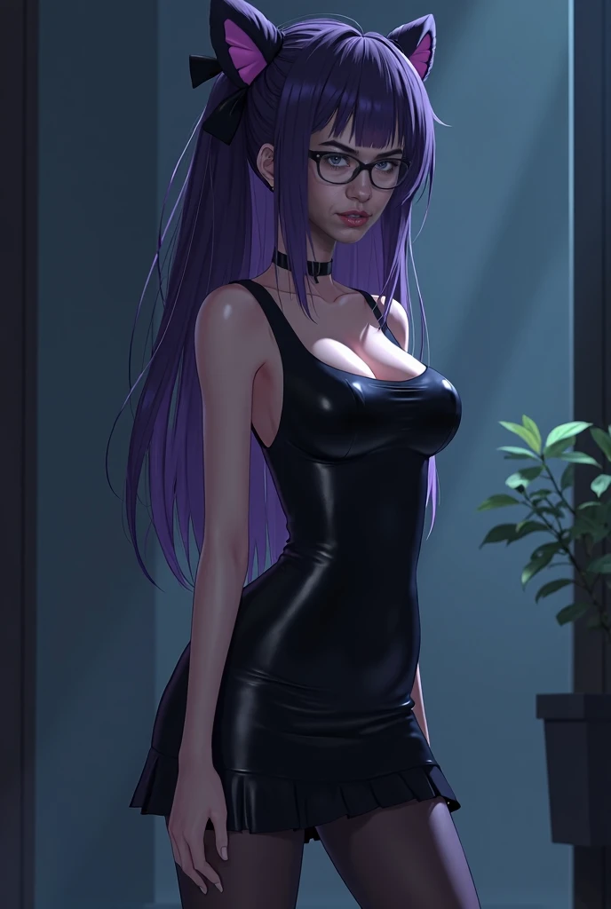  Attractive Japanese human female anime inspired by the Pokémon Gothitelle,  big hips and big breasts, 4K, detailed, gothic girl, small hair tie ,  she has a shiny black latex dress, purple stripes in her hair  , pantyhose, Shes looking at you.  Its dark o...