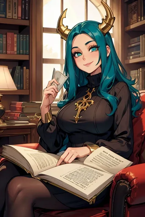 Perfect face. Perfect hands. A teal haired haired woman with golden eyes and an golden horns and an hourglass figure in a sweater dress is smiling while reading in a Gothic study