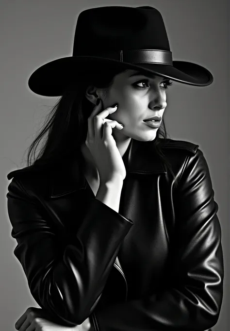 a woman wearing a leather hat and leather jacket holding the rim of the hat she’s wearing with her index and thumb fingers,black hat, a black and white photo inspired by Peter Lindbergh, tumblr, fine art, black hat, she is wearing a hat, dark hat, with hat...