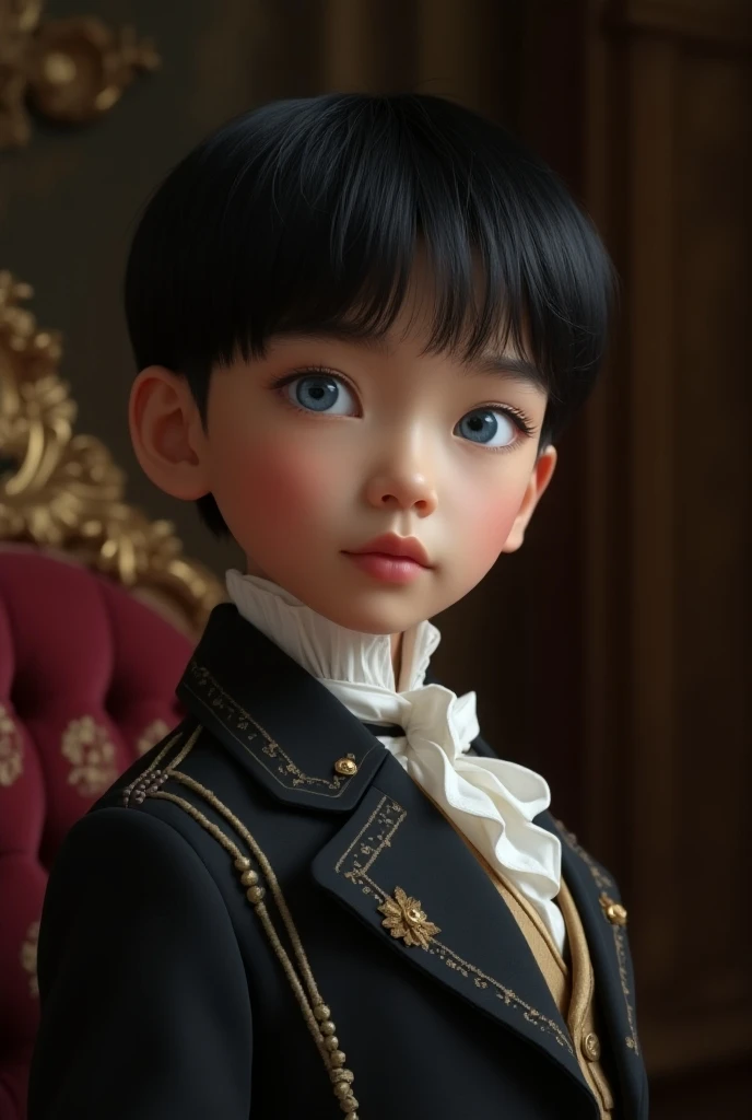  An Asian boy with black hair and short cut and with bangs, blue eyes and clothes from the Victorian era  