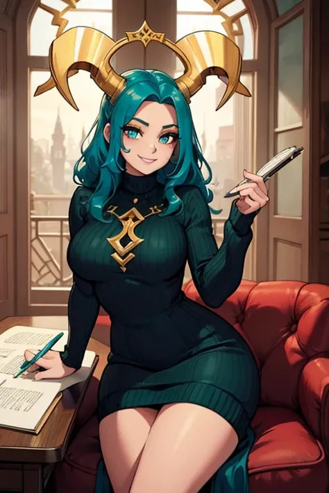 Perfect face. Perfect hands. A teal haired haired woman with golden eyes and an golden horns and an hourglass figure in a sweater dress is smiling while taking notes in a Gothic study