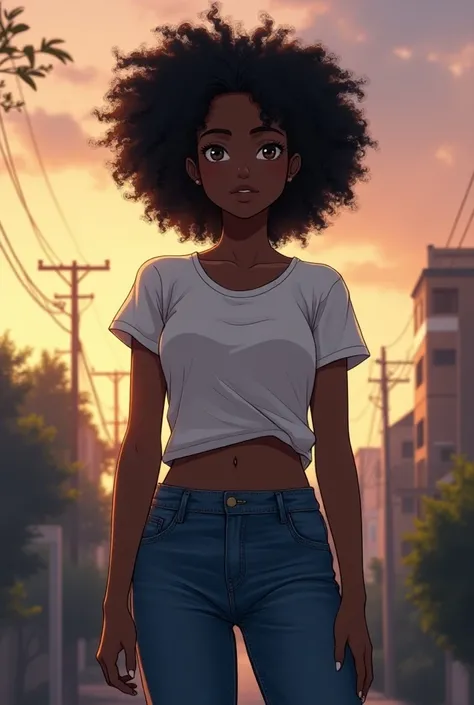 A black woman standing, she is black skin and she has black hair, she wears a t-shirt and a jeans pants, anime style, realistic wide shot