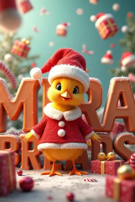 Mirna breads in large letters with Christmas theme full of Christmas hats and an animated chick dressed as Santa Claus and gifts 