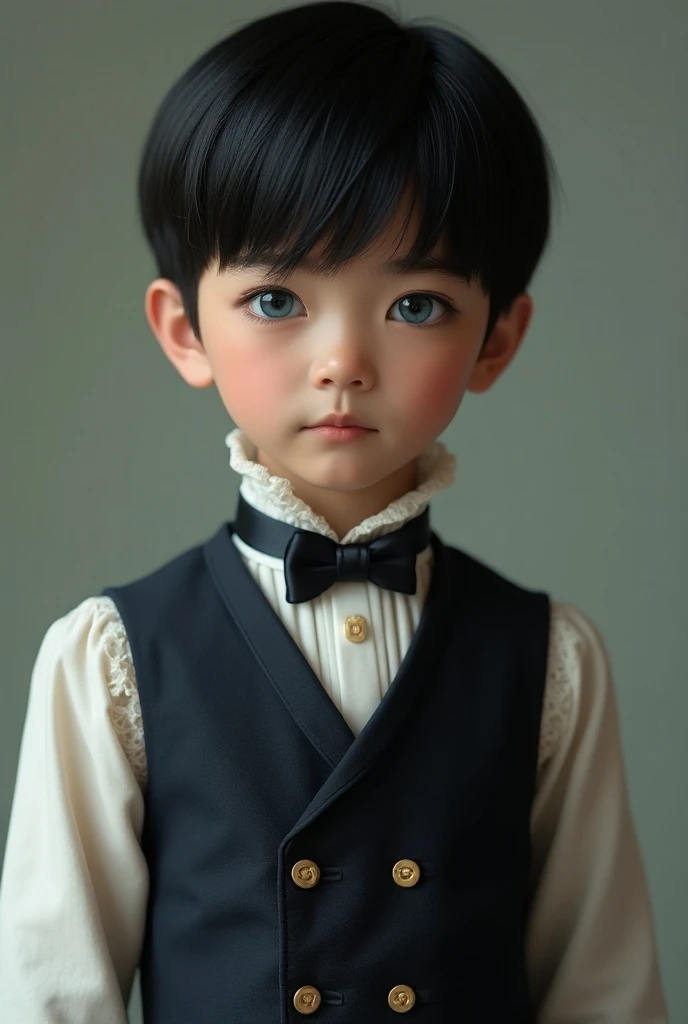  An Asian boy with black hair and short cut and with bangs, blue eyes and clothing from the Victorian era with a manly face 