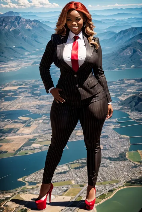 10 miles tall curvy black woman with a beautiful smile, bigger than a giant city, curvaceous figure, natural breast, and long wavy bright red hair with blonde highlights, with a curvaceous figure and massive breasts. wearing the finest light grey pinstripe...