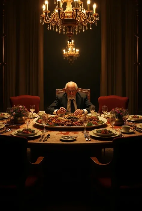 The dining room of a Mexican cartel boss, with the table set, at night. an old man sits at the head of the table