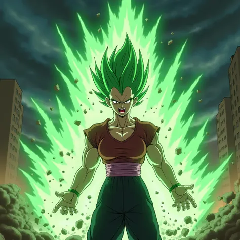  Lets imagine this woman in her Legendary Super Saiyan transformation .  Her hair is now green and spiky , shining brightly.  Her eyebrows are also green ,  they match her powerful look . Your eyes,  formerly expressive and serious ,  are now completely wh...