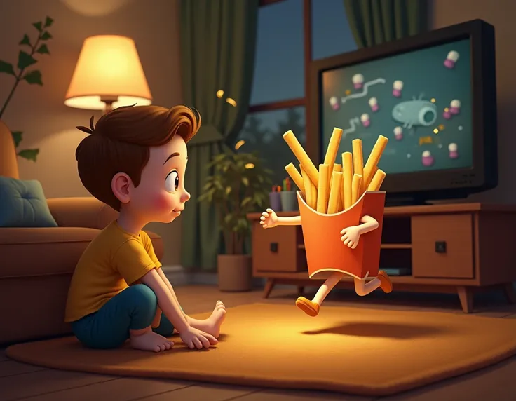 Boy watching television while eating French fries and one runs into his house